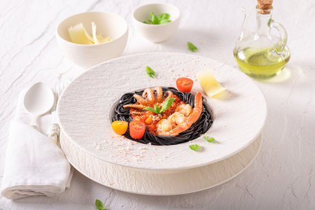 Elegant spaghetti bolognese with high-end presentation on plate. Spaghetti bolognese with an exquisite decoration.の写真素材