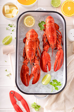 Steamed red lobster as a healthy protein seafood. Delicious and traditional seafood.の写真素材