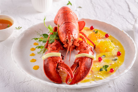 Professional boiled lobster as culinary artistry in top chef kitchen. Lobster as fresh seafood.の写真素材