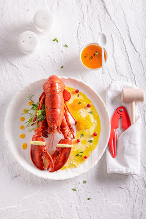 Elegant steamed lobster as premium food made in restaurant. Lobster as fresh seafood.の写真素材