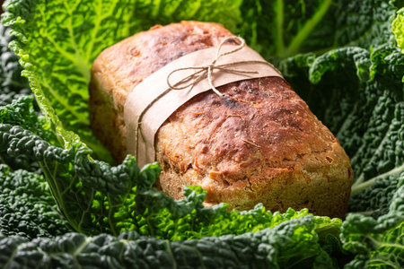 Healthy sauerkraut bread freshly baked and sliced. Bread made from grains and sauerkraut.の写真素材