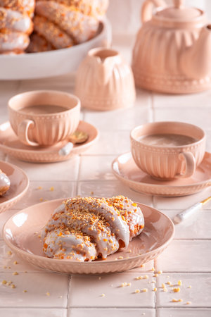 Golden saint martin's croissant decorated with almonds and orange peel. Croissants baked for St....