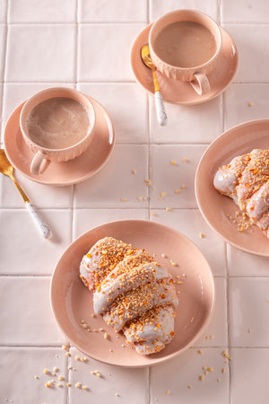 Traditional saint martin's croissant decorated with almonds and orange peel. Croissants baked for...