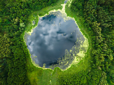 Aerial view of small lake and swamps in summer, Polandの写真素材
