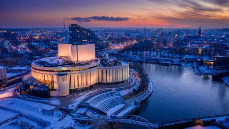 Opera Nova in Bydgoszcz at sunset in winter, Poland, aerial viewの写真素材