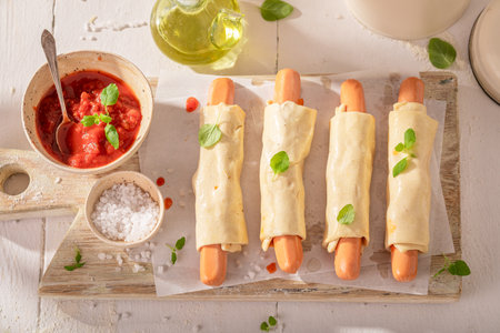 Delicious hot dogs with herbs, tomato sauce and puff pastry. Hot dog made of puff pastry and tomato sauce.の写真素材