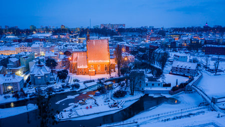 Opera in Bydgoszcz in winter at dusk, aerial view of Poland, Europe