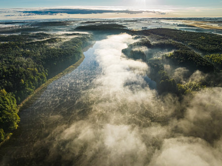 Aerial view of fog over river in autumn at sunrise.の写真素材