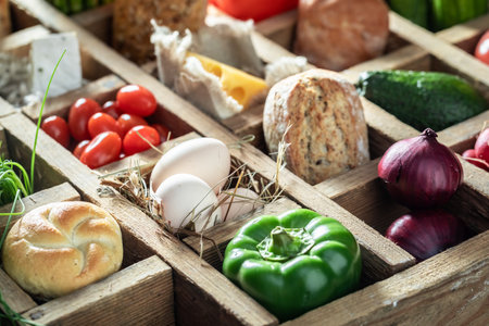Homemade and fresh sandwich with vegetables, cheese and herbs Fresh ingredients for a healthy meal.の写真素材