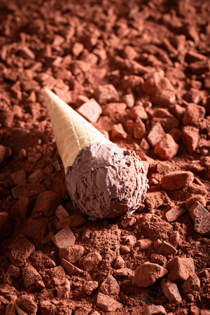 Cold chocolate ice cream made of nuts and chocolate icing. Chocolate ice cream cone.