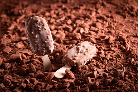 Milky almond ice cream made of nuts and chocolate icing. Almond ice cream with chocolate and...