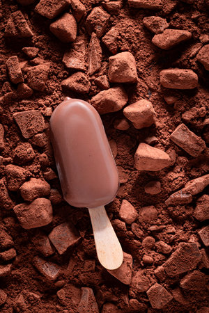 Sweet vanilla ice cream with dark chocolate coating. Vanilla ice cream with chocolate.