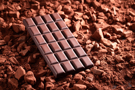 Tasty chocolate block as classic dessert made of cocoa. Chocolate bar on cocoa background.
