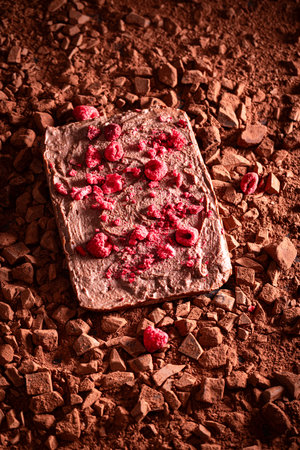Handmade raspberry chocolate with chocolate topping and fruits. Raspberry chocolate on cocoa...