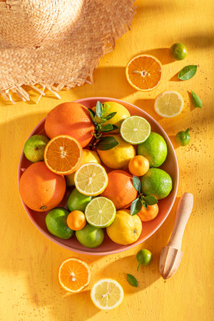 Fresh and juicy mix of citrus fruits on rustic yellow table Mix of citrus fruit on yellow table.の写真素材