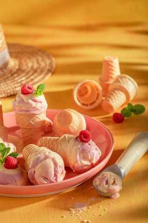 Homemade and fresh raspberry ice cream as a creamy dessert. Ice cream made of cream and raspberries.
