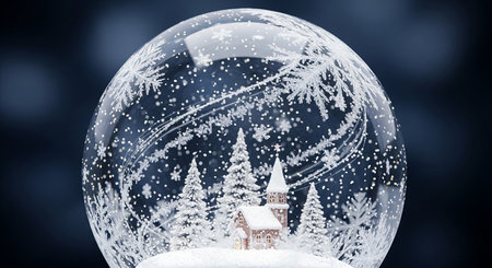 Snow globe with christmas tree and house on dark blue background.の素材