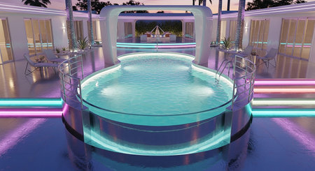 3D rendering of a swimming pool in a luxury villa.の素材