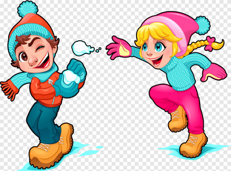 Little boy and girl in winter clothes jumping in the water, vector illustrationの素材