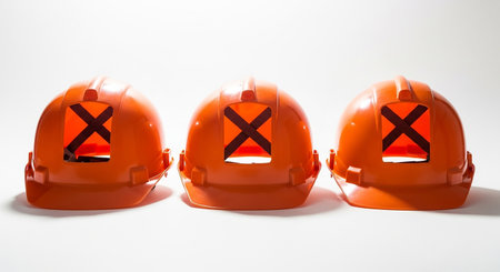 Orange safety hard hat isolated on white background, clipping path included.の素材
