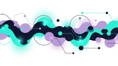a modern abstract design featuring wavy lines, circles, and hexagons in teal, purple, and black against a white background. it has a clean and contemporary feel with geometric shapes.の素材