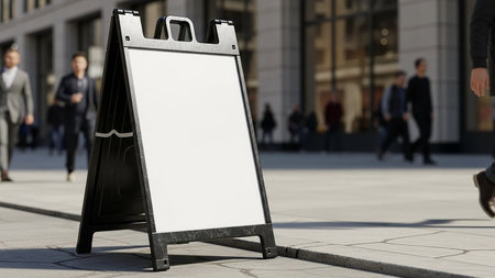 A black sandwich board with a blank white sign stands on a city sidewalk. People walk in the background, and a tall building is visible. It is a sunny day in the city.の素材