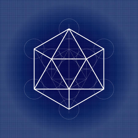 Icosahedron from Metatrons cube, sacred geometry vector illustration on technical paperのイラスト素材