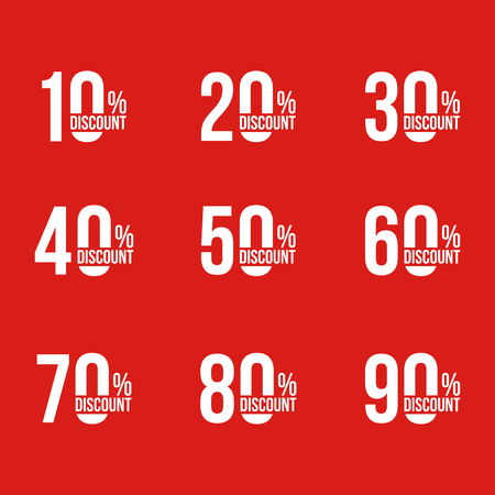 white discount announcements set on red with sale percents numbers. From ten to ninetyのイラスト素材