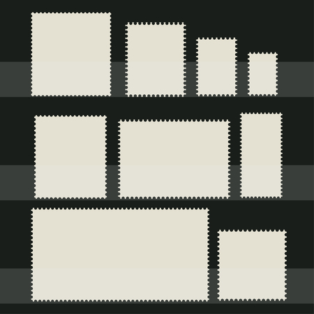 Blank postage stamp set. Toothed border stickers in different size. Vector flat style illustration on dark backgroundのイラスト素材