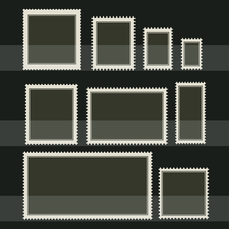 Blank postage stamp set. Toothed border stickers in different size. Vector flat style illustration on dark backgroundのイラスト素材