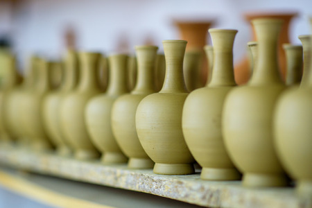Just made pottery in clay workshop. Handmade jugsの写真素材