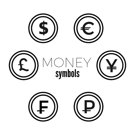 Dollar, Euro, Pound, Yuan Rouble and frank currency icons. USD, EUR, GBP, CNY, CHF, RUB money sign symbols. Flat icon pointers.のイラスト素材