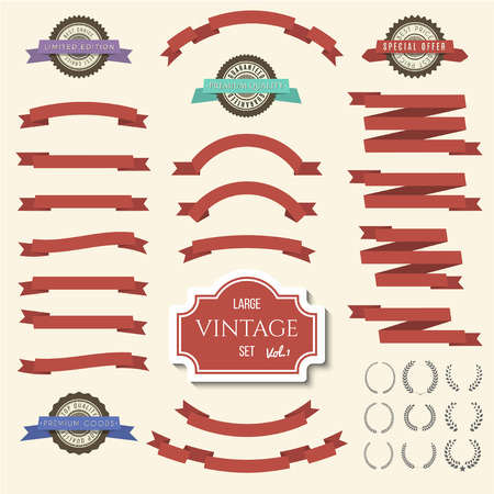 Red vintage ribbon banners and labels set. Vector illustration for designのイラスト素材