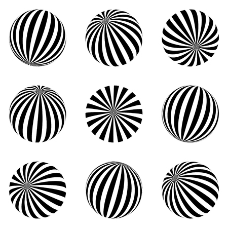 Set of minimalistic shapes. black and white spheres isolated. Stylish emblems. Vector spheres with stripes for web designs. Simple signs collection.のイラスト素材