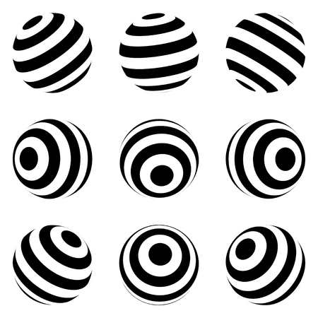 Set of minimalistic shapes. black and white spheres isolated. Stylish emblems. Vector spheres with stripes for web designs. Simple signs collection.のイラスト素材