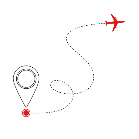 Black flying plane and mark of geolocation on white background. Splash screen for mobile application. Tourist service and transfer. Booking and sale of air tickets. On-line tracking. Vector.のイラスト素材