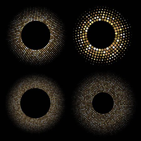 Golden halftone round frames set. Abstract chaotic dots backgroundのイラスト素材