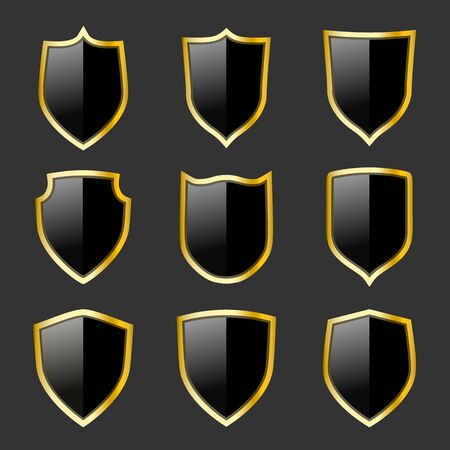 Black and gold shields set. Protection emblems. Security symbolsのイラスト素材