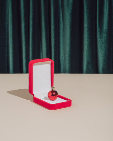 Creative vintage aesthetic concept. Minimal New Year engagement composition with jewelry box on green and sand coloured background.の写真素材