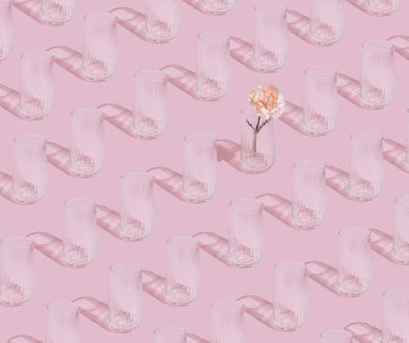 Modern pink pattern with glass vases and flower. Minimal style romantic aesthetic.の写真素材