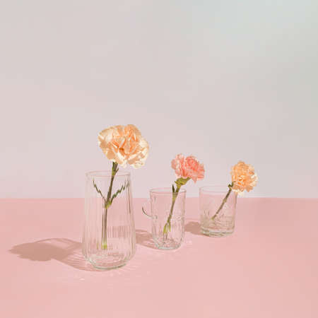 Modern pastel pink composition with flowers, vase and crystal glasses. Minimal style romantic aesthetic.の写真素材