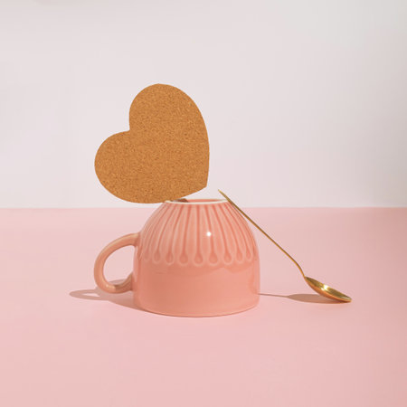 Minimal trendy coffee break concept with cup, coaster and teaspoon on pastel pink background. Modern, romantic aesthetic.の写真素材