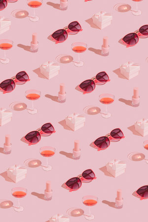 Romantic Valentine's Day pattern with glasses, gift box, nail polish and wine glass on pastel pink background. Modern minimal aesthetic.の写真素材