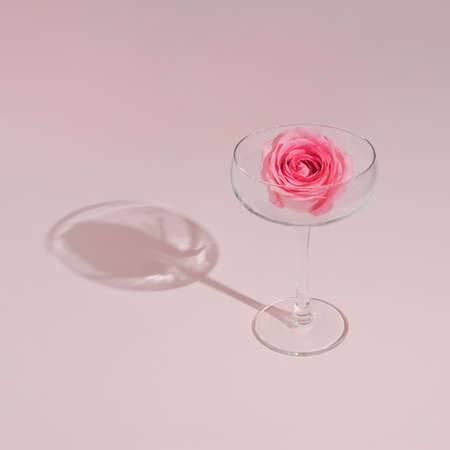 Romantic pastel pink rose and wine glass on satin background. Minimal modern Valentine's day party concept.の写真素材