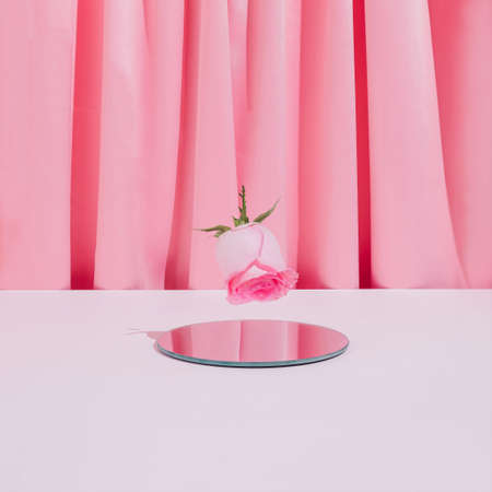 Romantic pink composition with rose flower and mirror on pastel satin background. Trendy minimal Valentine's Day concept.の写真素材
