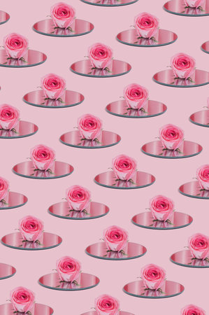 Romantic Valentine's Day pattern made with pastel pink rose on mirror. Modern minimal aesthetic.の写真素材