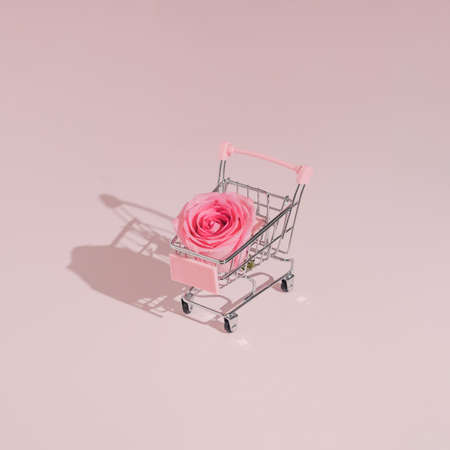 Minimal trendy Valentine's day shopping concept with pastel pink rose and cart. Modern romantic aesthetic.の写真素材