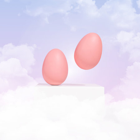 Dreamy aesthetic with two pastel pink Easter eggs and fluffy bright clouds on purple background. Modern romantic concept.の写真素材