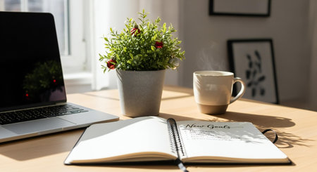 A sunlit home office desk features a laptop, open notebook, potted plant, and a warm mug, creating a productive and inviting workspace.の素材