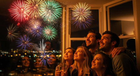 A group of people watch colorful fireworks explode in the night sky through a large window, celebrating a special occasion.の素材